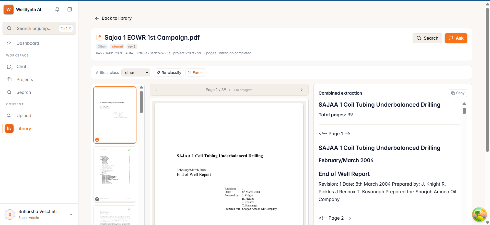 The document reader: page preview and extracted text
