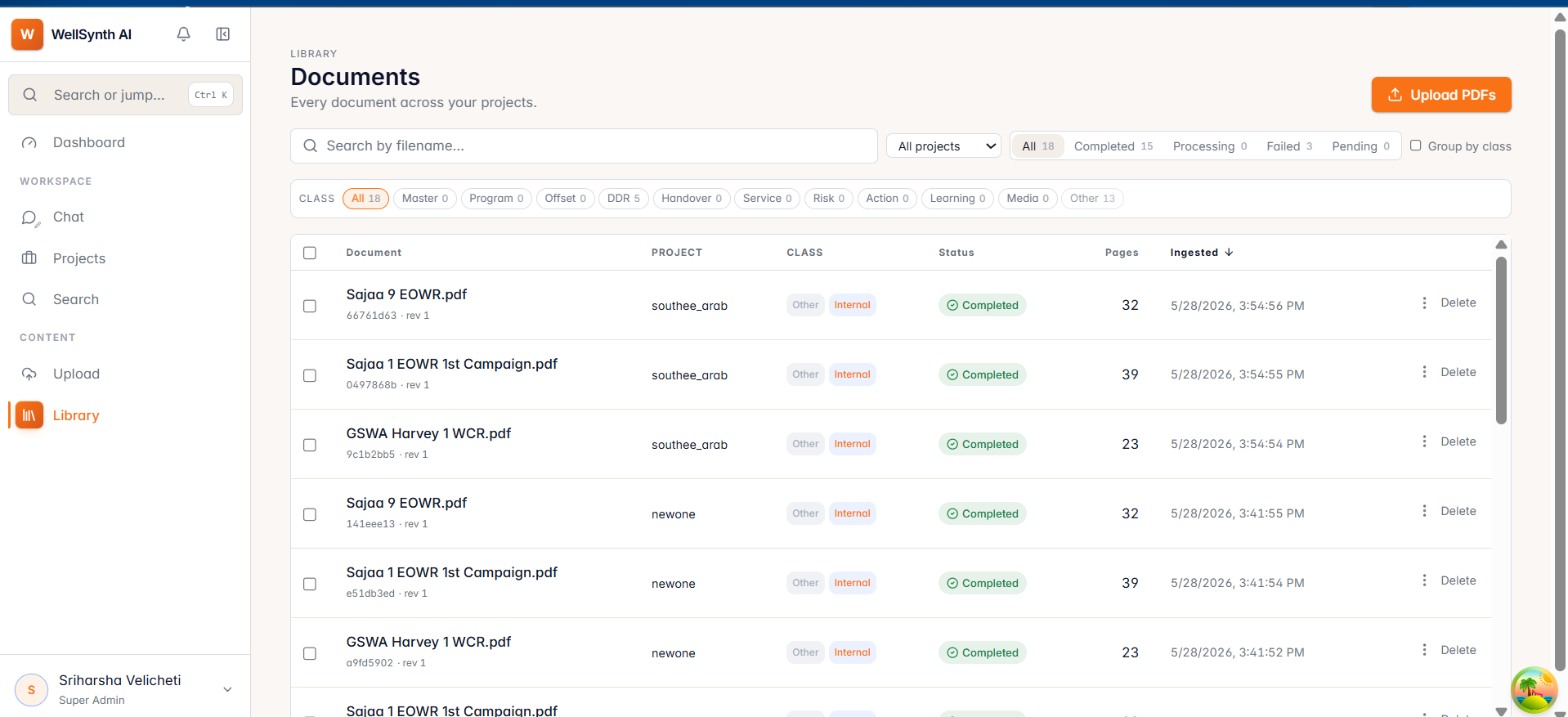 The document library table with filters